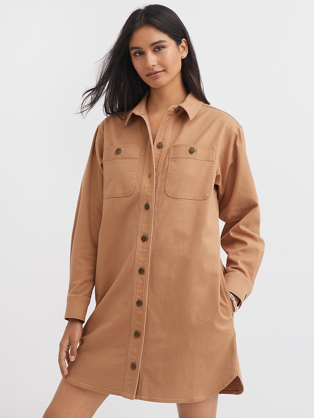 Ann Taylor LOFT Shirttail Hem Mini Pocket Shirt Dress 12 Tan